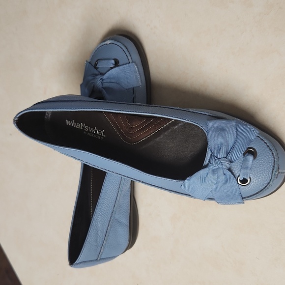 NEW Aerosoles What's What "Mating Game" Blue Leather Flat Grosgrain Bow at Vamp - Picture 8 of 11
